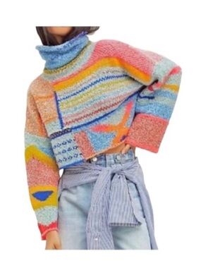 Sincerely Jules Abstract Cowl Neck Wool Blend Sweater Cropped size Small